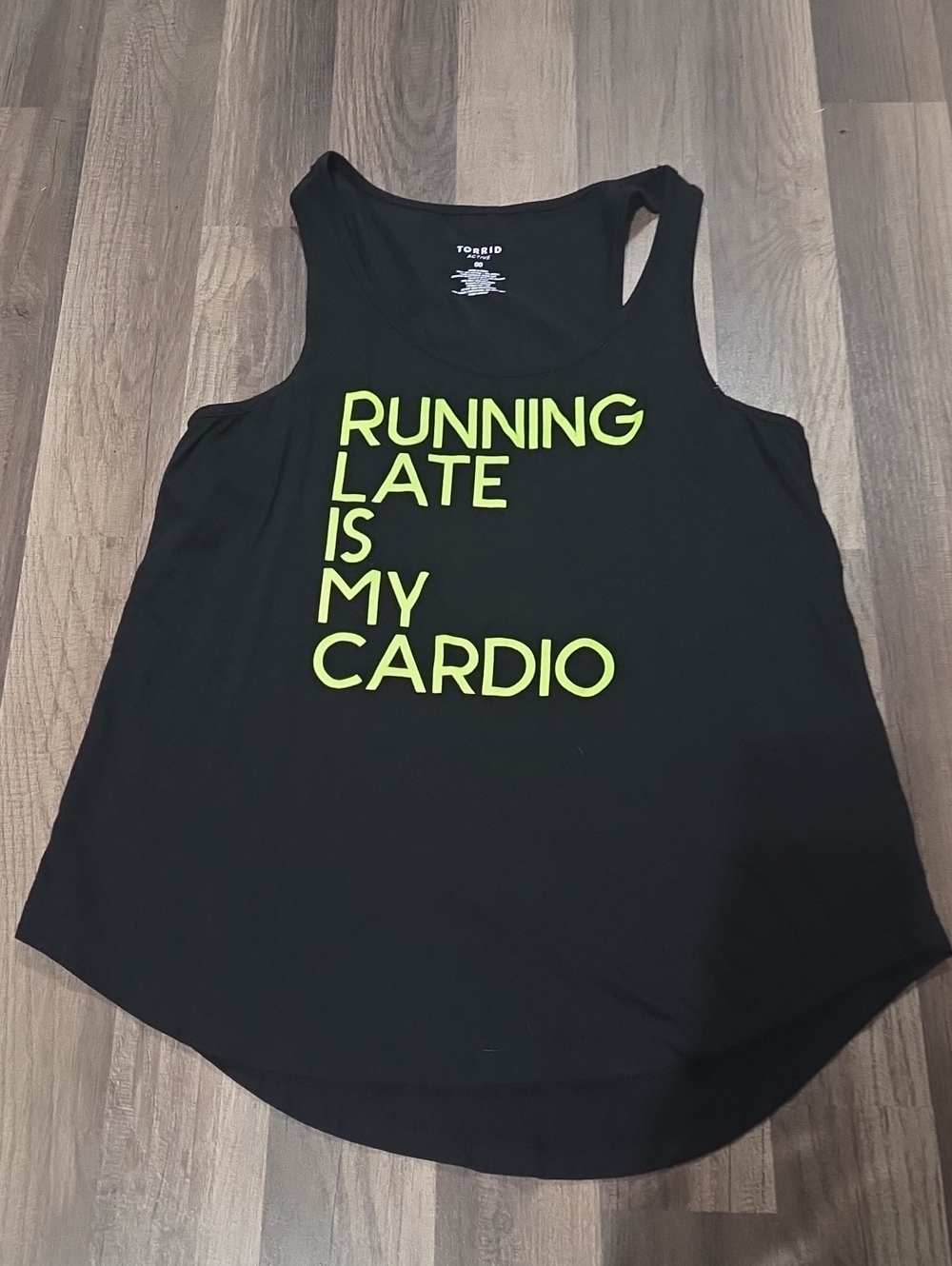 torrid Black Tank with Neon Yellow Graphic "Running Late Is My Cardio" Size 00